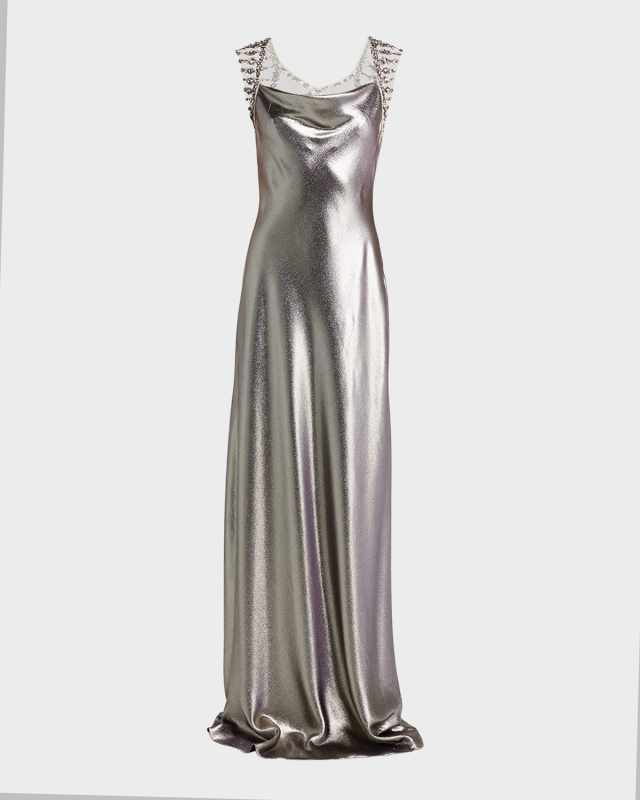 Crystal Open-Back Metallic Satin Sleeveless Gown